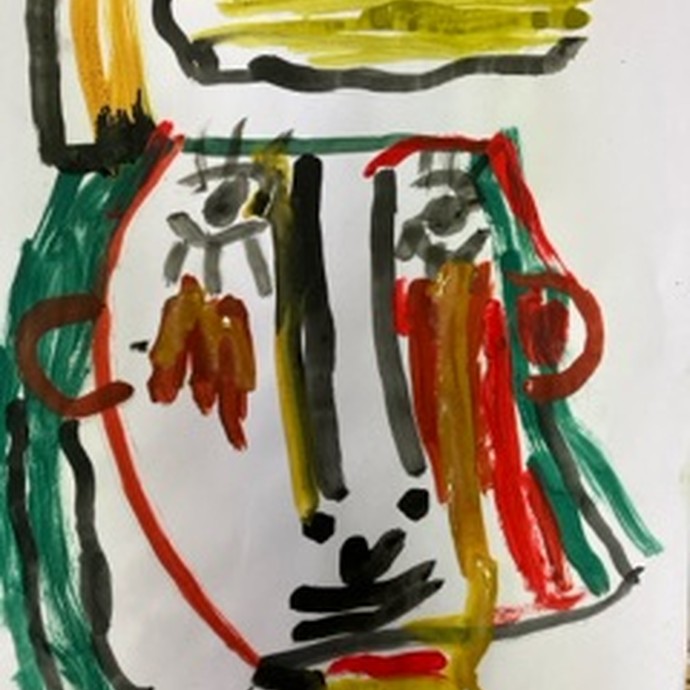 Eine in rot, gelb, grün und schwarz gemalte Frau im Stil von Picasso ist zu sehen. (vergrößerte Bildansicht wird geöffnet)