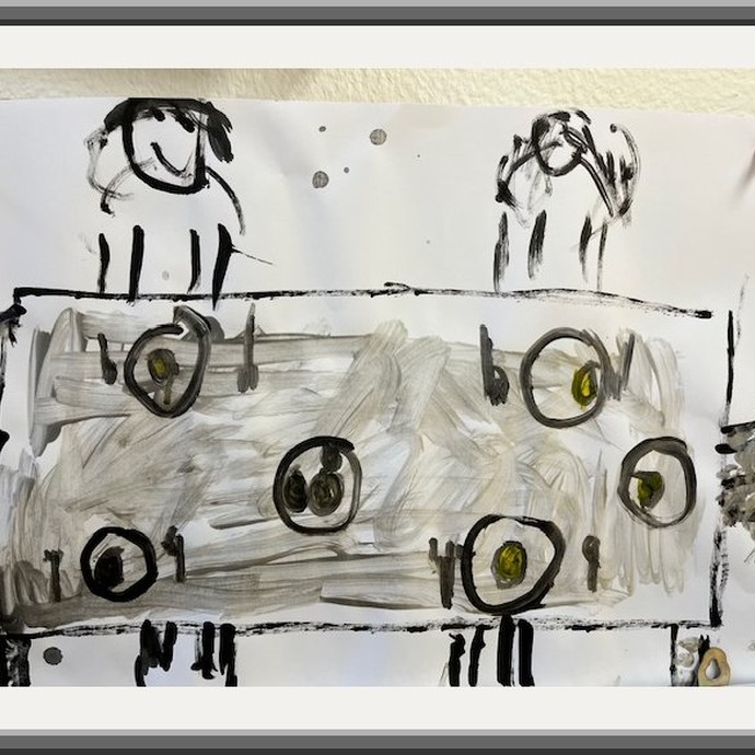 Das in schwarz weiß gemalte Bild zeigt einen Tisch mit Tellern und zwei Menschen. (vergrößerte Bildansicht wird geöffnet)