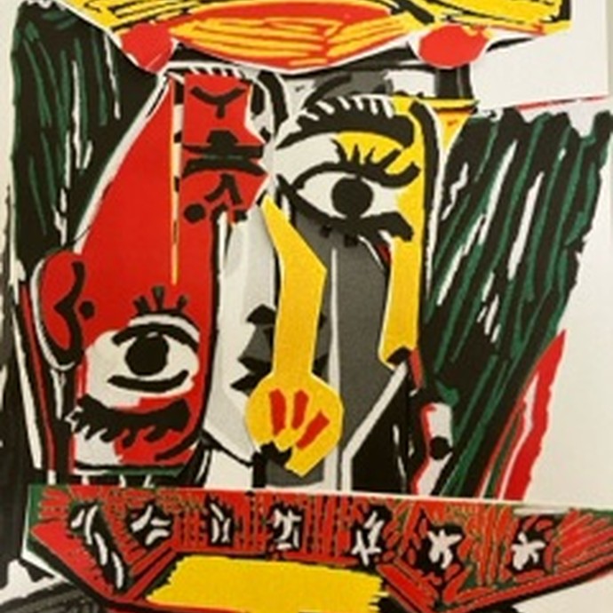 Eine in rot, gelb und schwarz gemalte Frau im Stil von Picasso ist zu sehen. (vergrößerte Bildansicht wird geöffnet)