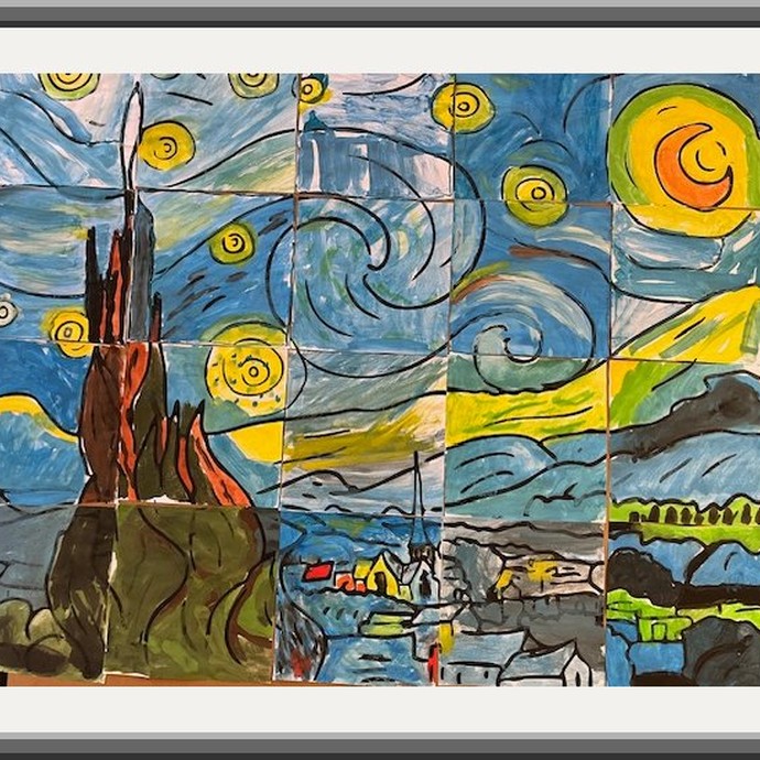 Es ist ein Bild im Stil des Künstlers van Gogh zu sehen. Er hat Sonnen wie Kreise gemalt. (vergrößerte Bildansicht wird geöffnet)