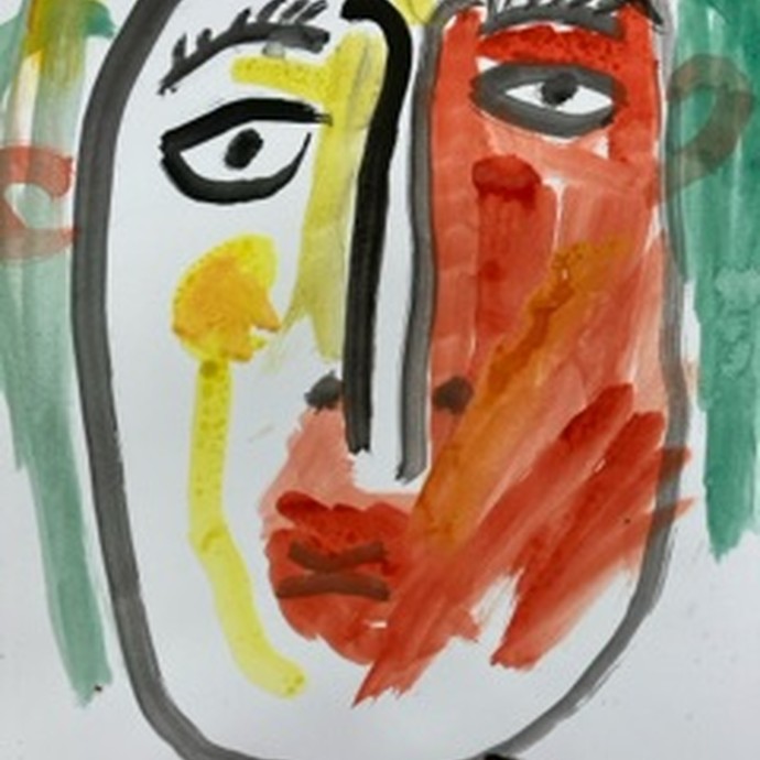 Eine in rot, gelb und schwarz gemalte Frau im Stil von Picasso ist zu sehen. (vergrößerte Bildansicht wird geöffnet)