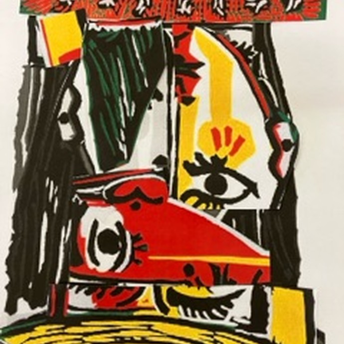 Eine in rot, schwarz und gelb gemalte Frau im Stil von Picasso ist zu sehen. (vergrößerte Bildansicht wird geöffnet)
