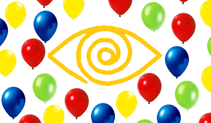 Das Opticus Logo (ein gemaltes gelbes Auge) ist von Luftballons umgeben.