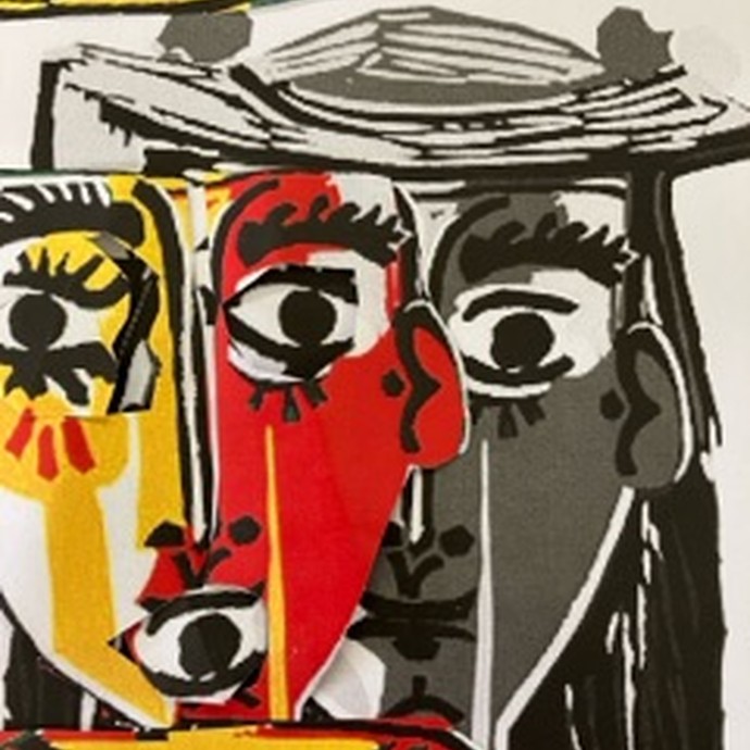 Eine in rot und schwarz gemalte Frau im Stil von Picasso ist zu sehen. (vergrößerte Bildansicht wird geöffnet)